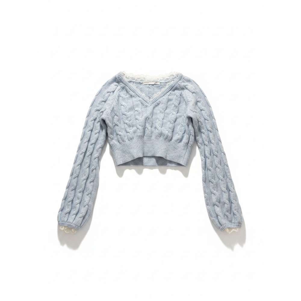 Altar'd State L Light Blue Womens Cable Knit Cropped Sweater Boho Cottagecore